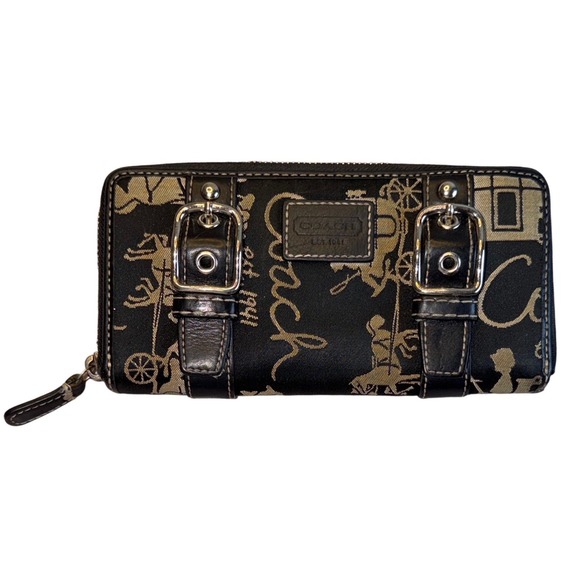 Coach Handbags - Coach Black Gold Horse and Carriage Script Canvas Zip Around Long Wallet Buckle